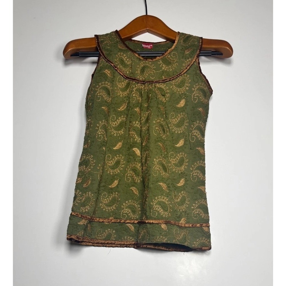 Leelan Blouse Top Womens Large Green Paisley Print Embroidery Casual Sleeveless